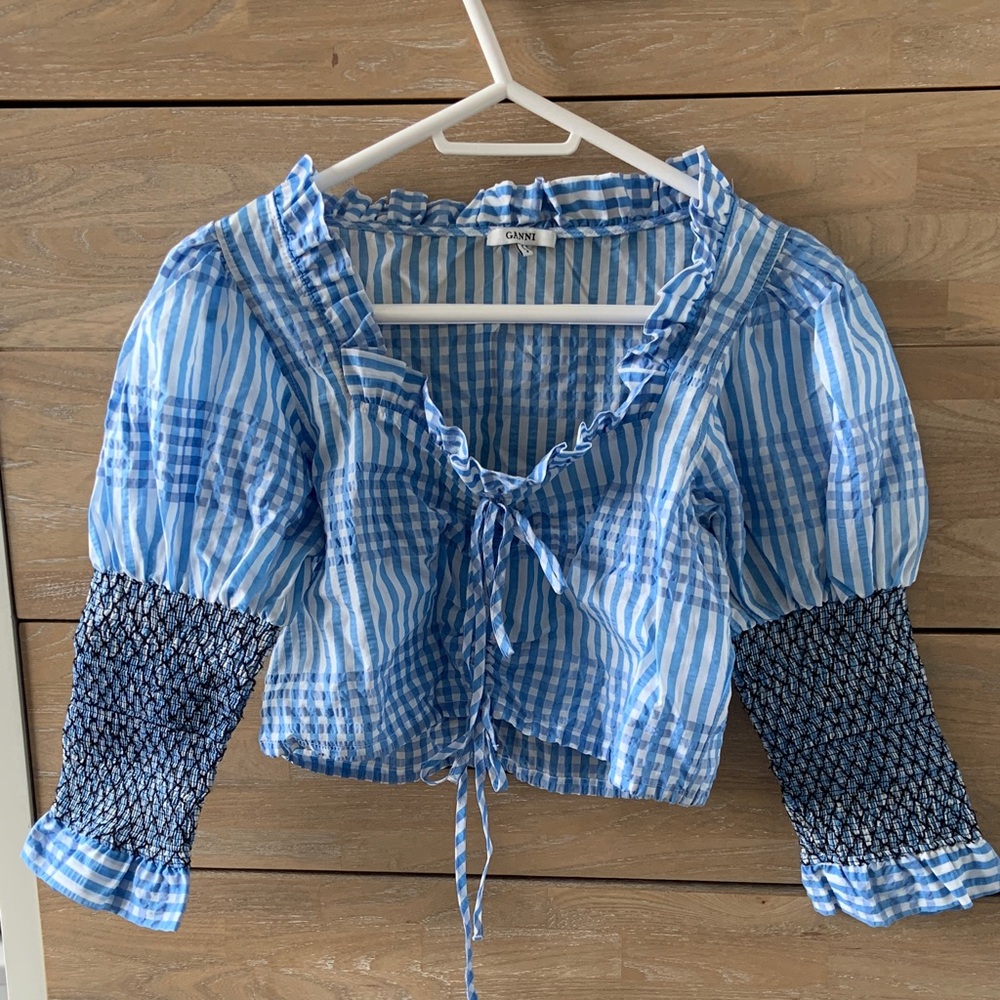 Ganni Blue Striped Ruffle Blouse